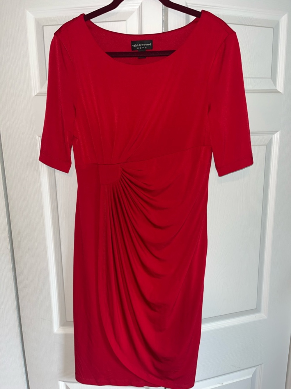 connected apparel Red Draped Midi Sheath Dress